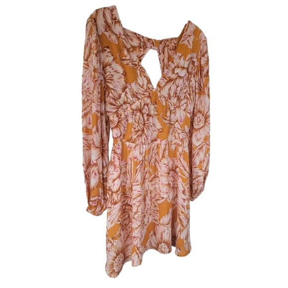 Band Of The FreexBand Of Gypsies XS Flowy Floral Babydoll Mini Dress Gold Blush - Picture 5 of 14